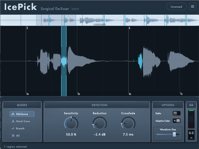 IcePick plugin interface showing waveform editor with detected sibilance markers highlighted, alongside reduction amount controls and per-event editing options