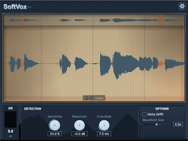 SoftVox vocal cleanup plugin interface showing waveform editor with detection markers and processing controls